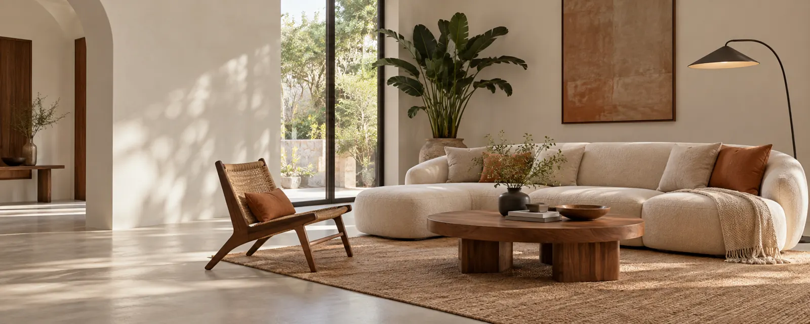 Ruang keluarga modern dengan sofa krem dan meja kayu